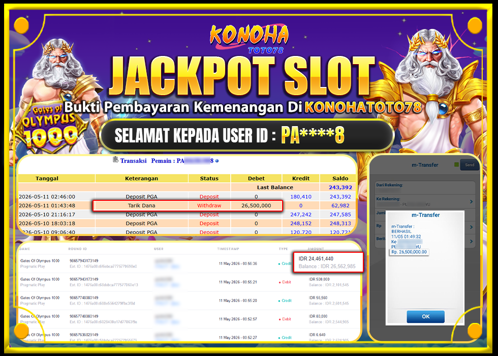 KONOHATOTO78 JACKPOT GATES OF OLYMPUS 1000Rp.26.500.000LUNAS